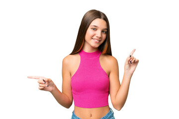 Poster - Teenager caucasian girl over isolated background pointing finger to the laterals and happy