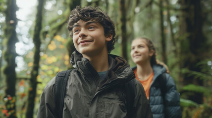 Wall Mural - A boy and girl are walking through a forest, smiling and enjoying the outdoors