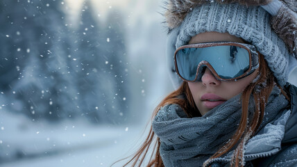 Sticker - A woman wearing a hat and goggles is standing in the snow