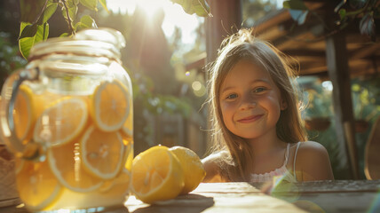 Sticker - A cheerful girl sells lemonade on a summer day.