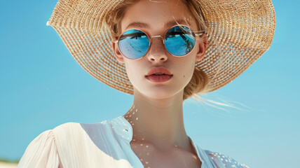 Sticker - A young woman wearing sunglasses and a hat in nature.