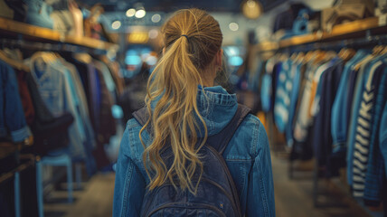 Poster - A woman with long blonde hair is walking through a clothing store