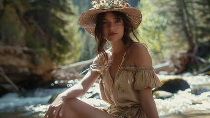 Poster - Young woman in a summer sundress and hat in nature