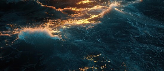 Poster - The image depicts a vast body of water with waves crashing onto the shore, illuminated by the natural lighting of a sea sunset. The waves create a dynamic and powerful scene against the darkening sky.