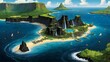 a fantasy map of a string of islands inspired by Hawaii with a sparkling blue ocean, a jungle with temples, cliffs with waterfalls and a volcano at the center surrounded by black sand and volcanic sto