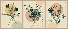 Set Of Boho Aesthetic Botanical Wall Arts. Retro Posters For Scandinavian, Japandi Interior Design. Vector Line Art Illustrations In Pastel Beige Colors With Wild Flower Bouquet Black Silhouettes.