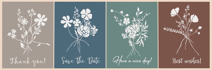 Set of greeting card templates with wild flower bouquet silhouettes on neutral color backgrounds. Thank you, save the date, best wishes cards. Vector outline botanical illustrations isolated.