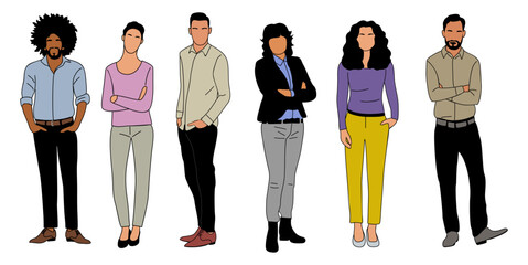 Wall Mural - Multinational business team. Vector illustration of diverse cartoon men and women of various ethnicities, ages in office outfits. Set of different business people Isolated on transparent background.