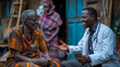 Erfahrener älterer Stammesältester im Gespräch mit einem jungen, lächelnden Arzt in einer ländlichen afrikanischen Umgebung