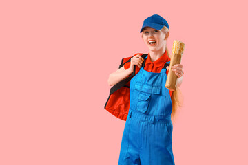 Canvas Print - Female courier with doner kebab and bag on pink background