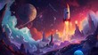 Vibrant space exploration digital artwork - This fantasy digital art piece showcases a colorful space scene with a spaceship, planets, and a lively nebula