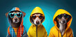 © Sascha - Three stylish dogs in colorful hoodies and sunglasses posing confidently against a turquoise background.