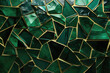 Abstract geometric background of green crystal shards edged with gold, creating a luxurious mosaic.