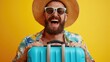 Joyful Vacationist with Blue Suitcase, beaming man in a summer hat and tropical shirt grips a bright blue suitcase, his laughter embodying the thrill of travel