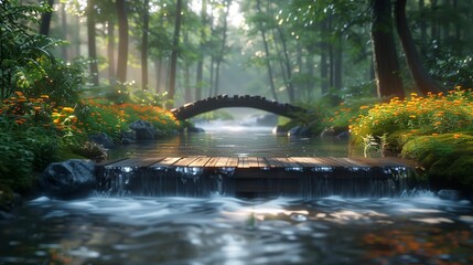 Wall Mural - Bridge over river amid forest with water, plants, trees, and natural landscape