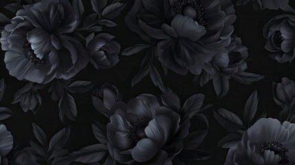 Dark seamless pattern with black flowers and leaves. Peonies, wildflowers, poppies. --ar 16:9 --v 6 Job ID: 503c37ef-ca24-4b1e-9ad3-6be30d122bf9