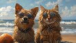 Ginger cat and dog standing on the beach in sunny lights