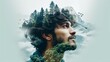 The double exposure combines a face, a forest, and flying birds. The concept of the unity of nature and man. The vitality of the human soul in nature illustration. Design for cover or interior design.