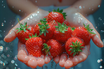 Wall Mural - Freshly picked red strawberries in a woman's hands. Strawberry in hands with drops of water.