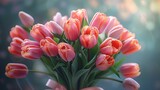 Fototapeta Tulipany - Bouquet of pink tulips on a green background. Spring flowers.AI.