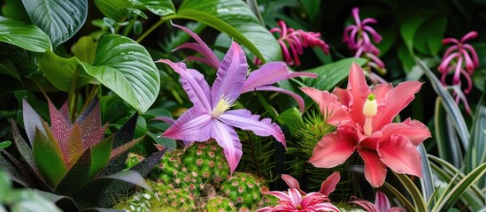 Poster - A bunch of blooming clematis flowers and bromeliad plants are seen growing in the lush green grass. The vibrant colors of the flowers stand out against the backdrop of the grass.