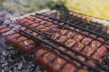 Sausages are grilled, macro shot