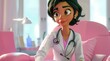 Personnage cartoon d'une femme médecin bienveillante dans son cabinet médical.