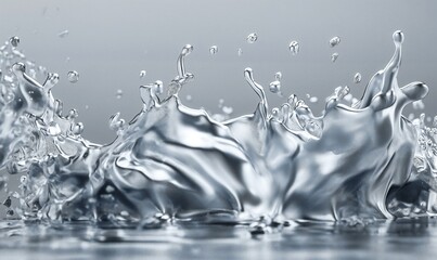 Wall Mural - Silver water on a gray background. Abstract liquid metal shape, splash, wave.