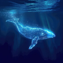 Phosphorus Whale Diving Down In Deep Blue Ocean Water Color Ice Blue Marble Background Card  