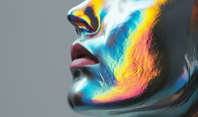 Wall Mural - Futuristic holographic face. Abstract graphic poster design, chromatic gradient. Prismatic, Chromatic, Holographic, Aesthetic, Neon.