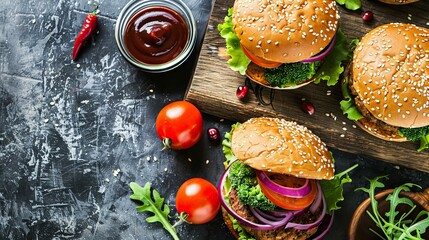 Wall Mural - vegan burgers with fresh vegetables, seitan and chickpeas, top view with copy space