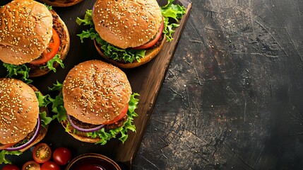 Wall Mural - vegan burgers with fresh vegetables, seitan and chickpeas, top view with copy space