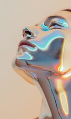 Wall Mural - Futuristic holographic face. Abstract graphic poster design, chromatic gradient.