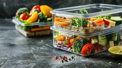 Wall Mural - vegetarian meal with fresh vegetables in a transparent lunch box