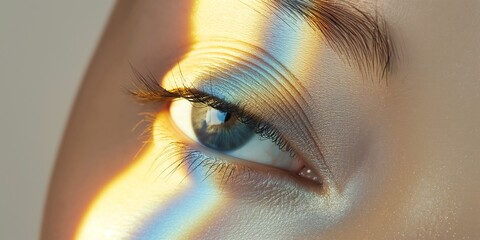 Wall Mural - Abstract modern creative dispersion effect blending color spectrum. Close-up of a woman's eye with holographic glitter.