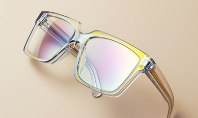 Wall Mural - Minimalist colorful art element. Sunglasses with a holographic effect on a beige background.