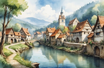 medieval city watercolor background