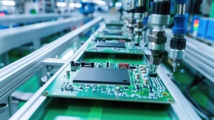 Fototapete - Automated PCB assembly line. Conveyor with robotic arms in electronics factory. Semiconductor manufacturing industry