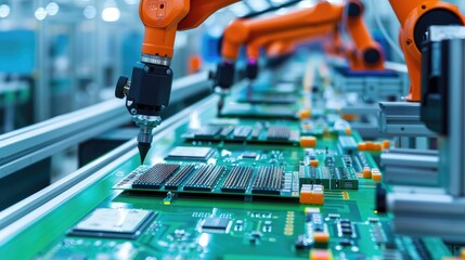 Fototapete - Printed circuit board assembly process. Conveyor with robotic arms in electronics factory. Semiconductor manufacturing industry