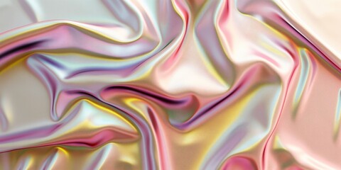 Wall Mural - Trendy texture with polarization effect and colorful neon holographic stains.  Gold, mother-of-pearl foil, fabric. Waves of shiny smooth fabric.