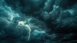 Fototapeta Łazienka - dramatic moment of a lightning strike across the dark cloudy sky.