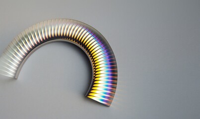 Wall Mural - Glass rainbow spiral arc with dispersion effect, crystal iridescent composition, abstract shape with holographic gradient, transparent liquid object isolated on gray background.
