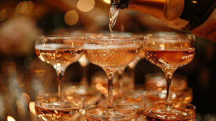 Champagne Being Poured Into Wine Glasses on Table