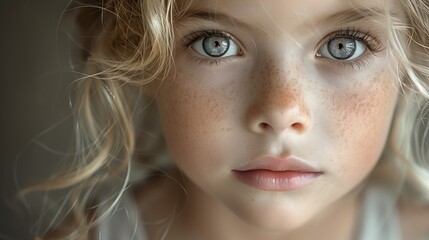 Close up of a little girls face with blue eyes, freckles and long eyelashes