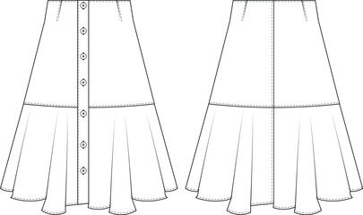 buttoned flared darted knee length a-line skirt template technical drawing flat sketch cad mockup fashion woman design style model
