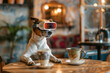 A Jack Russell terrier sits at a café table with a VR headset, humorously enjoying a virtual coffee break.