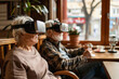 A senior woman and man enjoy virtual reality headsets while sipping coffee in a cozy cafe, showcasing the blend of traditional pastimes with cutting-edge technology.