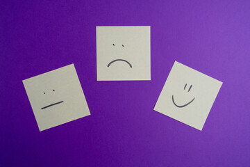 Wall Mural - Paper cards with various emoticons on a colored background, banner and place for text. Conceptual image of positive thinking and satisfaction level
