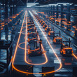 A fleet of driverless forklifts in a modern warehouse trails of glowing lines underlining their smart paths all orchestrated through 6G technology