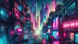 Fototapeta Nowy Jork - a futuristic cyberpunk cityscape, atmospheric fog shrouds the alleyways where glowing neon signs illuminate the urban landscape.